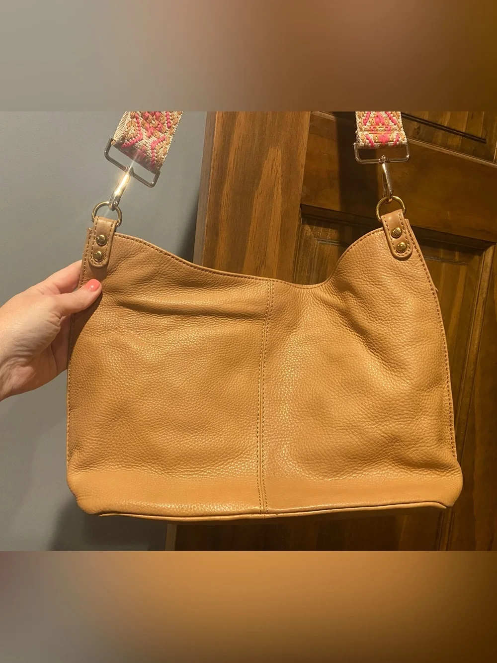 HOBO Tan Pebbled Leather Hobo with Patterned Adjustable Strap